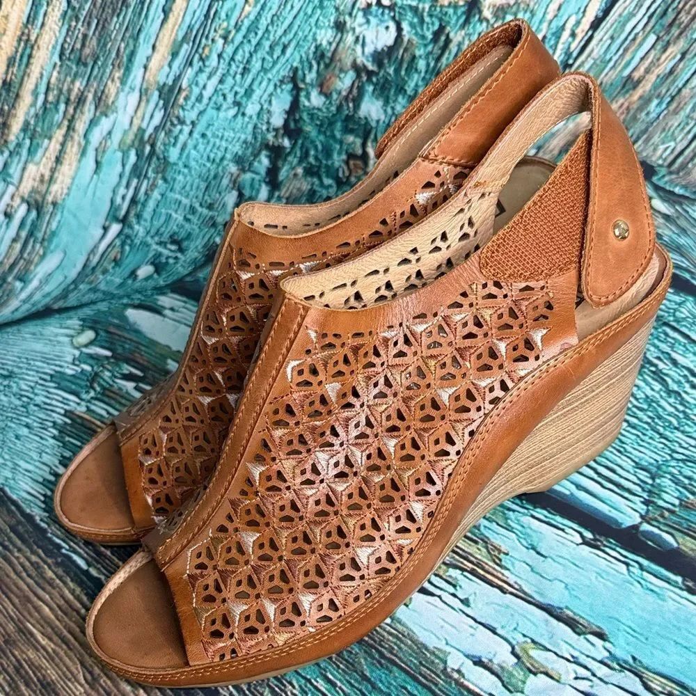 * PIKOLINOS Tan Laser-Cut Wedge Sandals